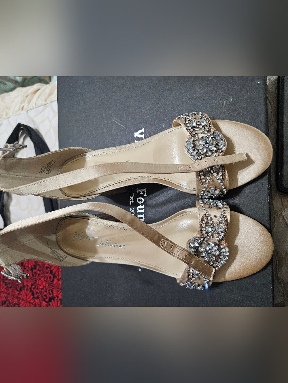 Betsey Johnson Beige T-Strap Heels with Crystal Floral Accents, 7M